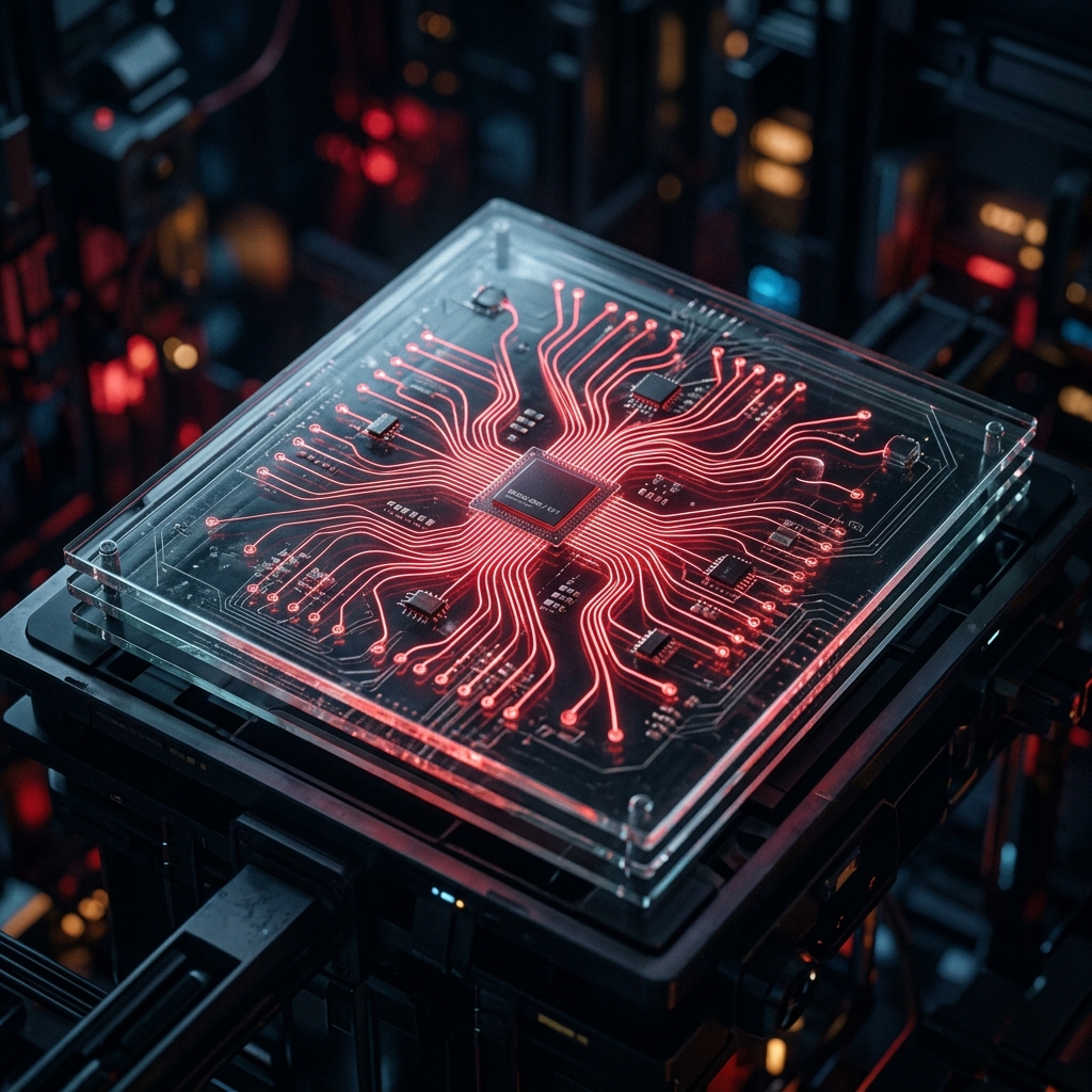 AI-driven digital infrastructure with glowing circuitry and glass interfaces